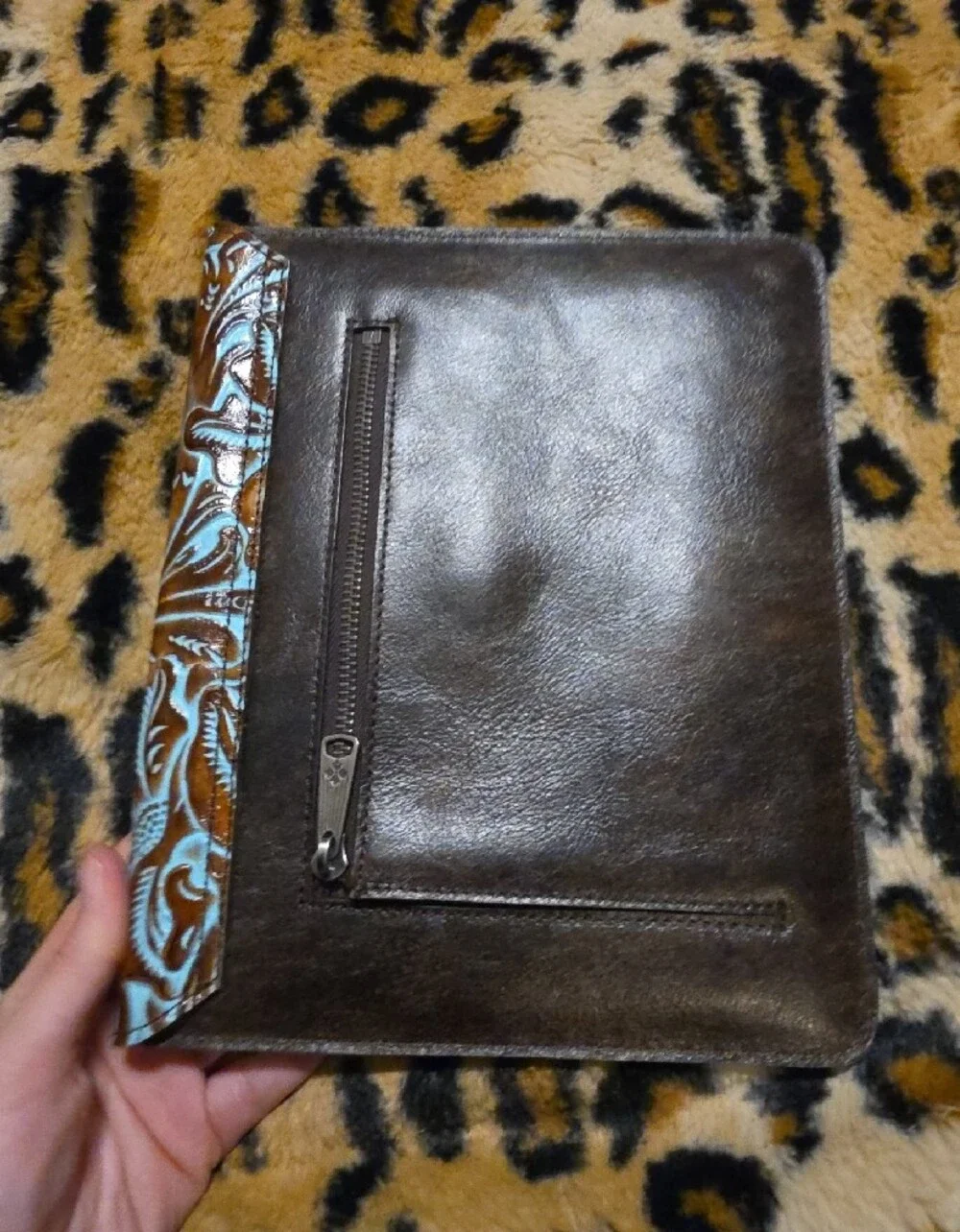 Patricia Nash Brown Leather Clutch with Turquoise Tooled Flap